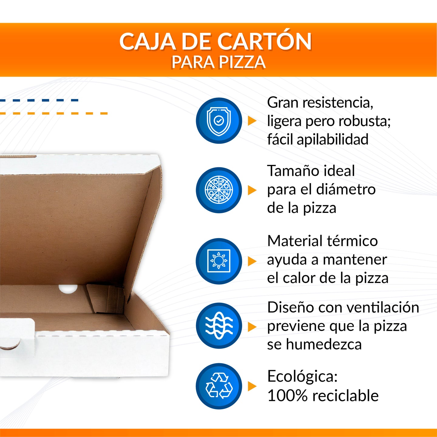 Caja para pizza de 16" Color Blanco 40x40x4cm 50 piezas